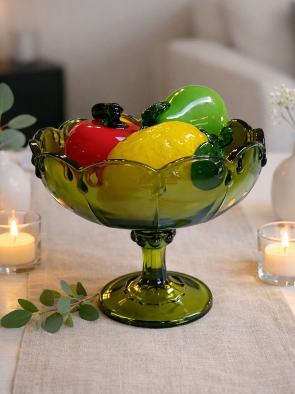 Vintage  MCM Green Glass Fruit Compote Set Mid Century Retro Centerpiece